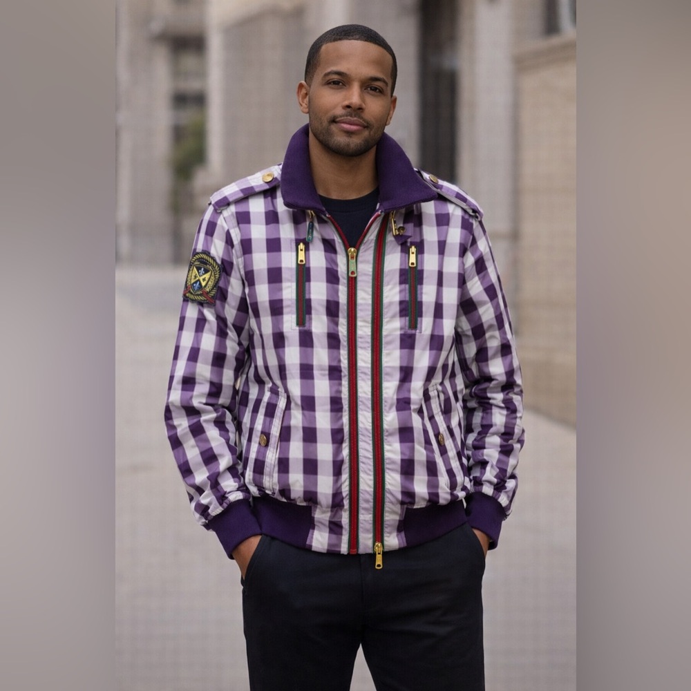 Men’s Purple Gingham Checkered Zip-up Windbreaker Jacket “Brooklyn Basement” XL